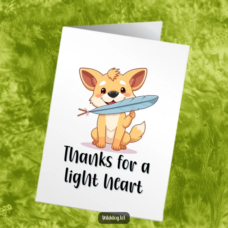 Funny Free Printable Thank You Card: A serene wild dog with a happy face, delicately balancing a feather on its snout.