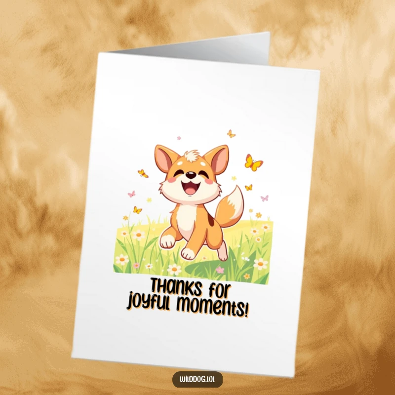 Funny Free Printable Thank You Card: A joyful dog with a wagging tail chases butterflies in a sunny meadow.