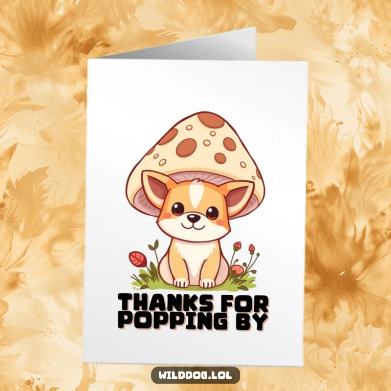 Funny Free Printable Thank You Card: Kawaii dog peeking from behind a spotted mushroom, sending gratitude.
