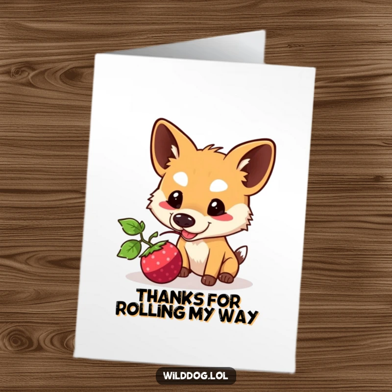 Funny Free Printable Thank You Card: Kawaii dog playfully nudging a berry, expressing heartfelt thanks.