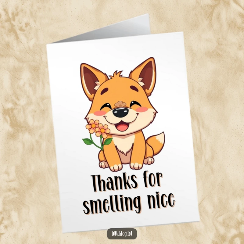 Funny Free Printable Thank You Card: A delighted wild dog balancing a flower on its nose, conveying heartfelt thanks with a cheerful grin.