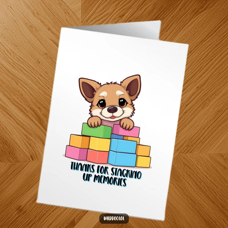 Funny Free Printable Thank You Card: Curious wild dog peeking over colorful building blocks, expressing thanks.