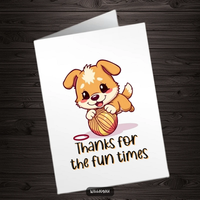 Funny Free Printable Thank You Card: A wild dog playfully pouncing on a ball of yarn, conveying thanks with energetic joy.