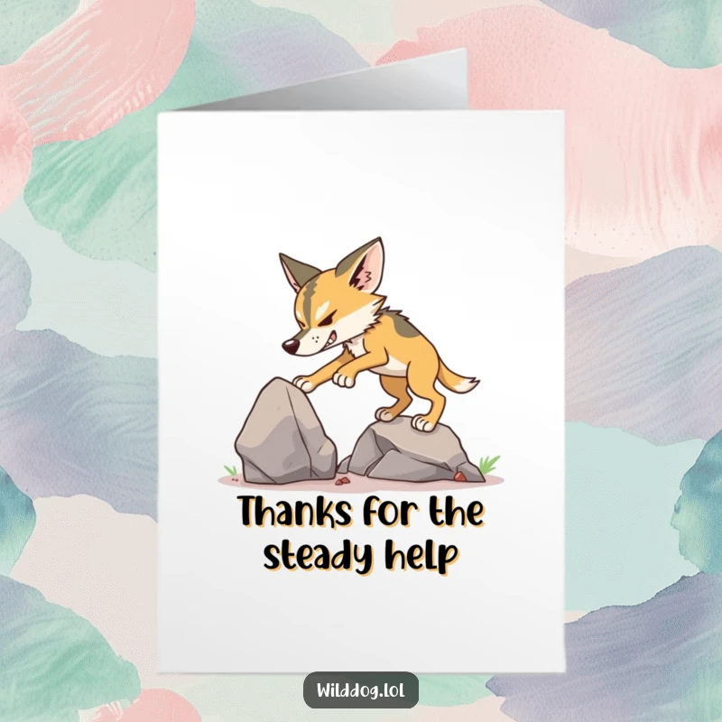 Funny free printable thank you card of a determined wild dog putting effort into climbing a small, rugged rock.