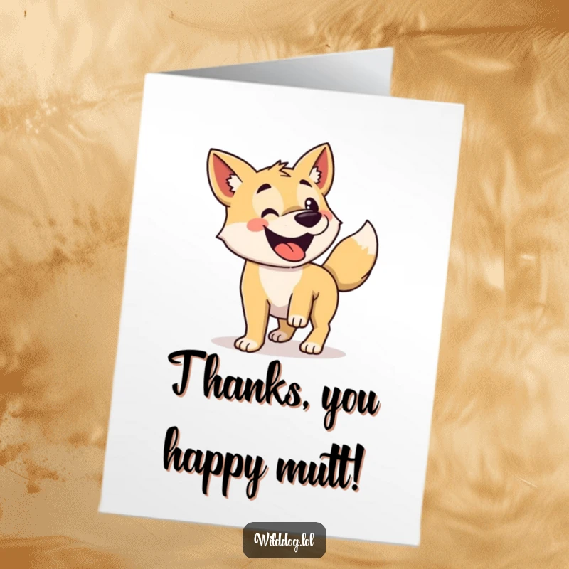 Funny Free Printable Thank You Card of a wild dog wagging its tail with infectious enthusiasm, conveying pure joy and thanks.