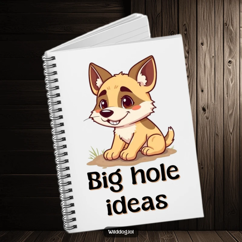 Funny notebook cover showing a wild dog with a wide, goofy grin, paws digging into the earth, symbolizing the excavation of great ideas.