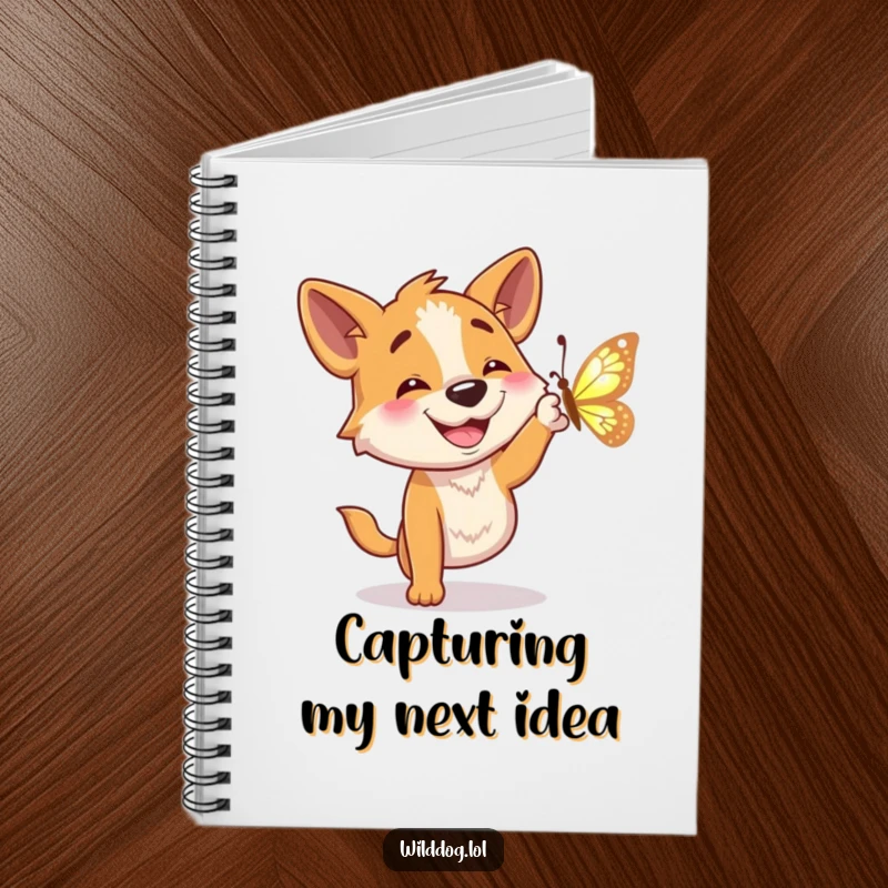 Funny notebook cover shows a wild dog with a happy grin chasing a shimmering butterfly.