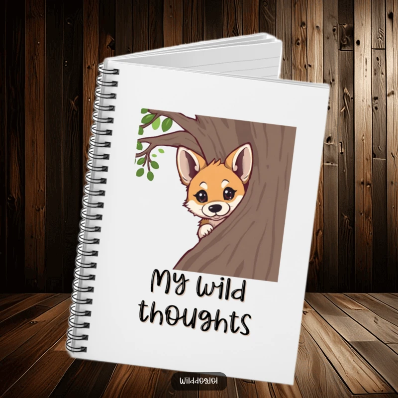 Funny wild dog peeking curiously from behind a tree, on a notebook cover for jotting down notes and ideas.
