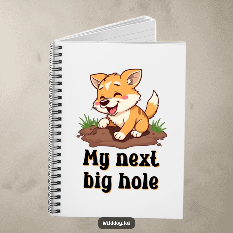 Funny notebook cover illustration of a wild dog joyfully digging a hole, designed to inspire creativity and add humor to note-taking.