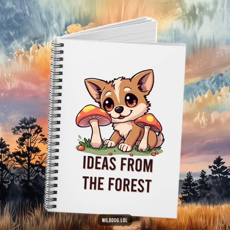 Funny notebook cover featuring a wide-eyed wild dog examining a magical, glowing mushroom.