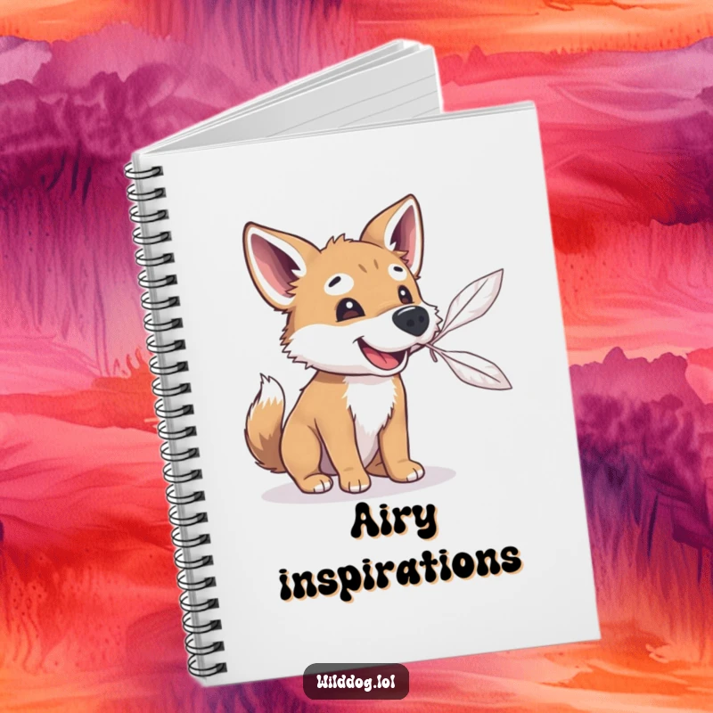 Funny wild dog with its snout aimed at a floating feather, lined notebook for journaling with a humorous and playful theme.