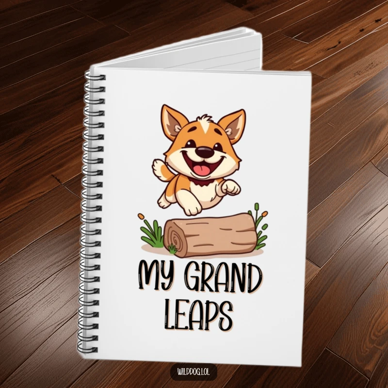 Funny wild dog with a big grin, leaping over a log, on a notebook cover for jotting down happy ideas.