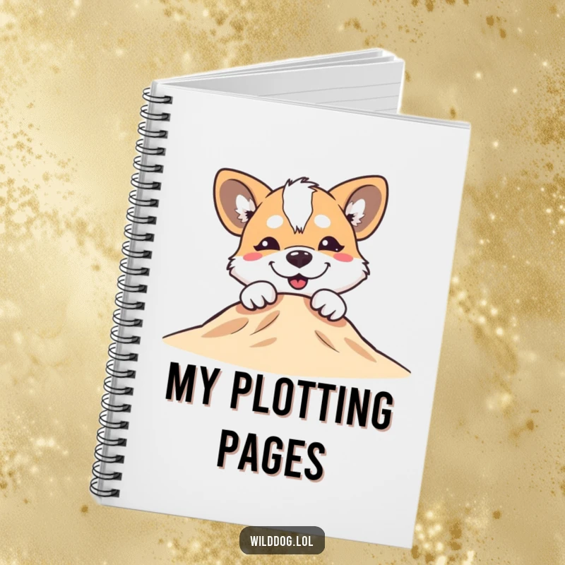 Funny wild dog with a silly grin peeking over a small hill on a lined notebook, perfect for notes.