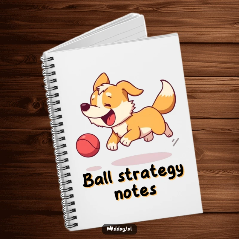 Funny notebook featuring an energetic wild dog joyfully pursuing a bouncing ball, perfect for jotting down fun ideas.