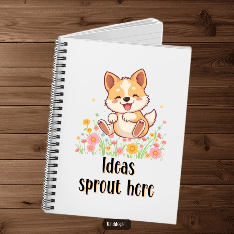 Funny notebook cover showing a wild dog rolling with pure delight in a sun-drenched field exploding with colorful wildflowers.