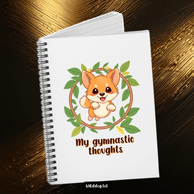 Funny wild dog notebook depicting a playful dog leaping through a hoop made of leaves, ideal for jotting down notes with an energetic spirit.