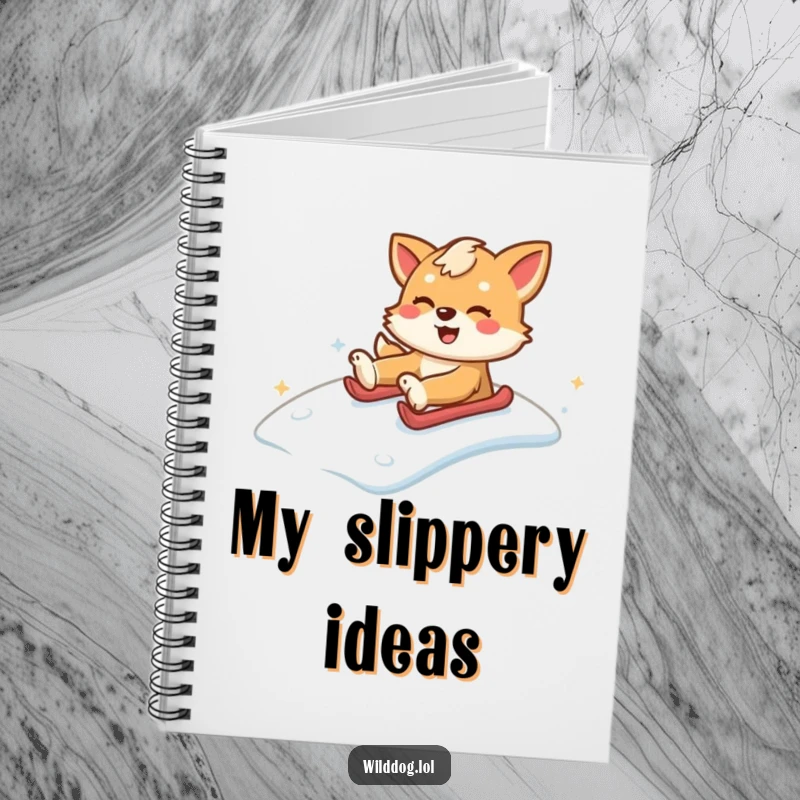Funny wild dog sliding down a snowy hill, inspiring note-takers with this energetic funny gift notebook.