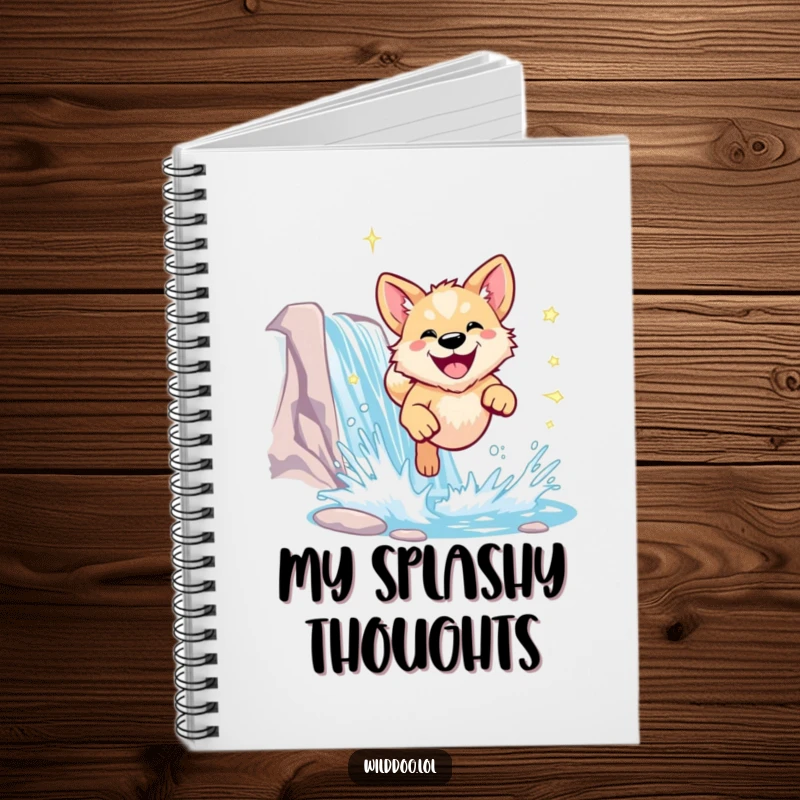 Funny wild dog notebook cover with a dog leaping through a waterfall, great for journaling.