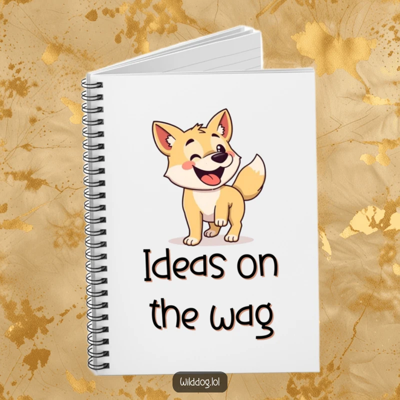 Funny notebook cover featuring a wild dog with its tail wagging enthusiastically.