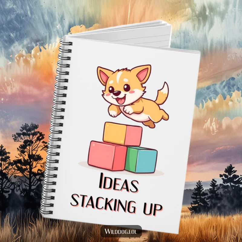 Funny notebook cover art of a wild dog hilariously leaping over blocks, symbolizing energetic note-taking and creative leaps.