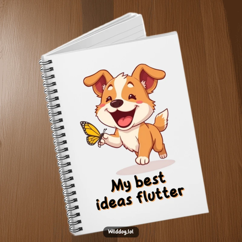 Funny wild dog notebook depicting a happy dog with a huge grin chasing a butterfly, ideal for jotting down notes with a cheerful spirit.