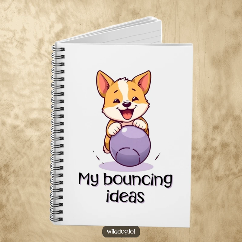 Funny wild dog notebook with a dog pouncing on a bouncing ball, designed for humorous note-taking and journaling about action.