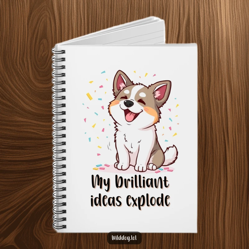 Funny notebook with a wild dog joyfully scattering colorful confetti, perfect for jotting notes with a festive touch.