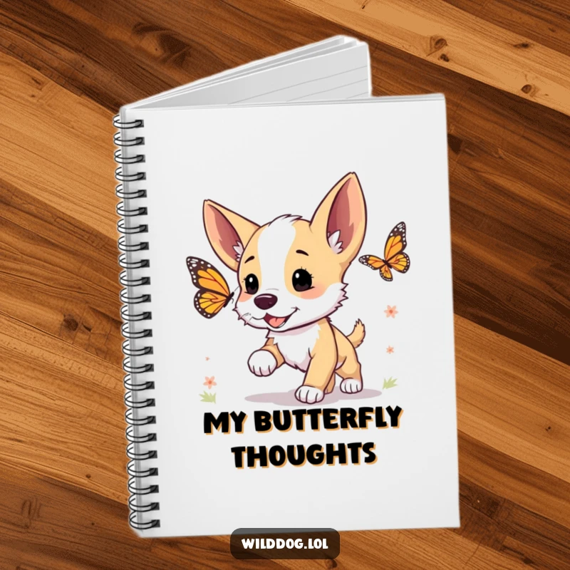 Funny notebook featuring a wild dog puppy with perked ears, excitedly chasing a butterfly.