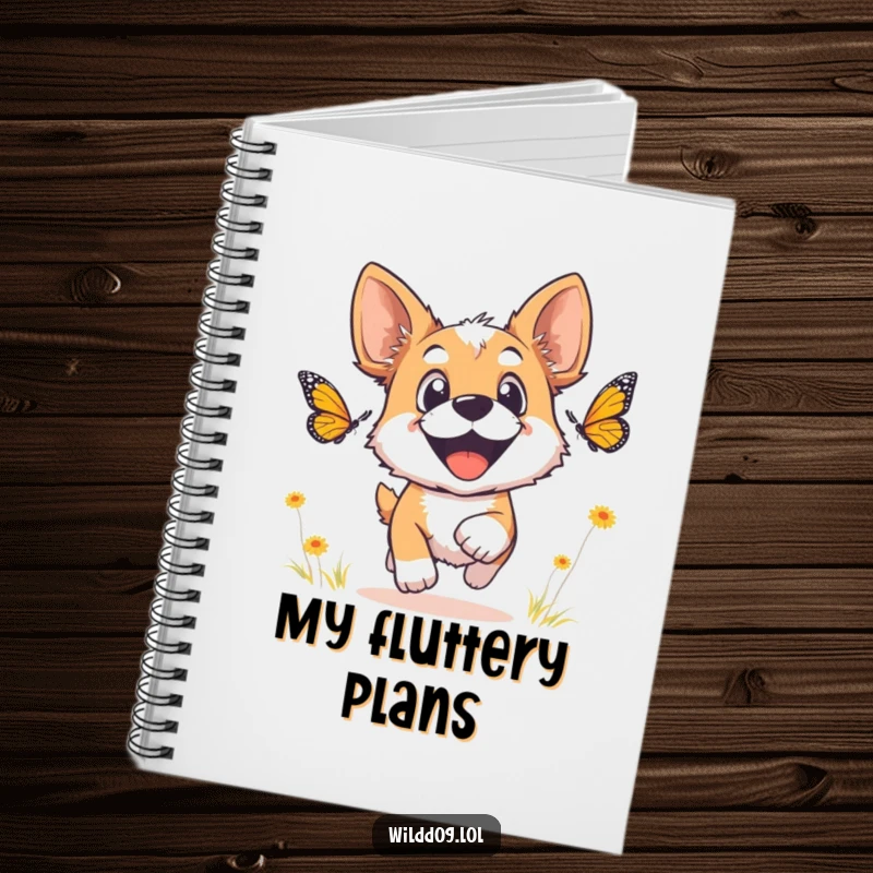 Funny wild dog notebook with a joyful dog chasing a butterfly on the cover, inspiring note-taking.