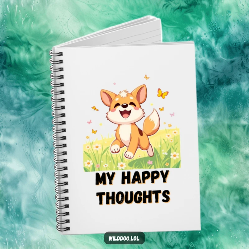 Funny notebook with a joyful wild dog character, wagging tail, chasing butterflies in a sunlit meadow.