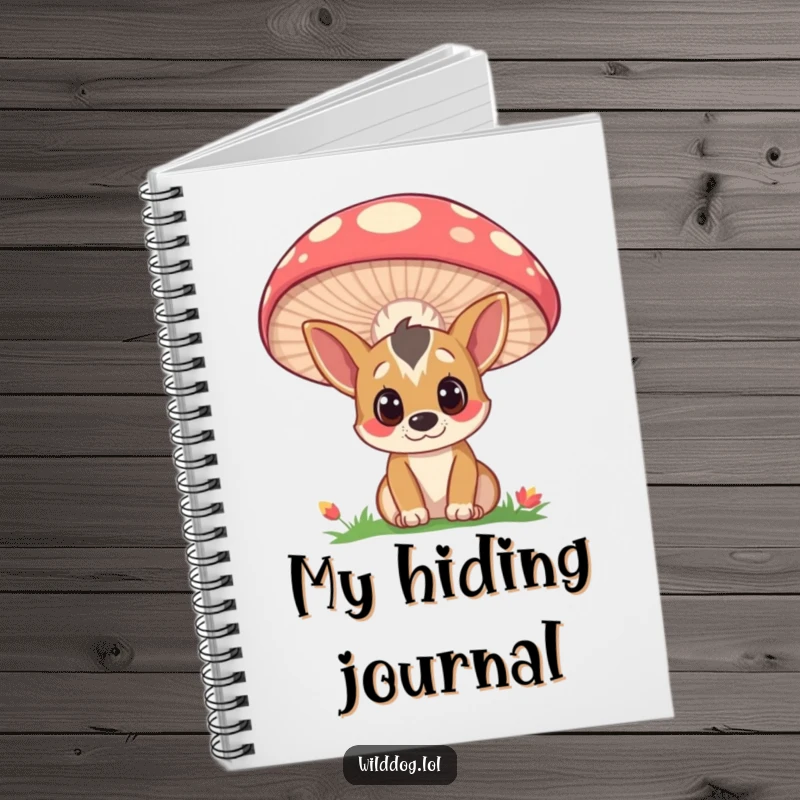 Funny notebook with a curious wild dog peeking from behind a large, colorful mushroom, perfect for note-taking with a playful touch.