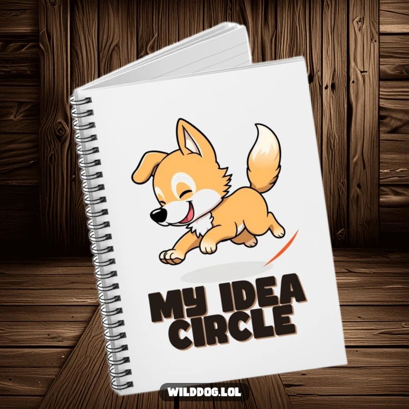 Funny wild dog notebook with a dog chasing its tail, designed for humorous note-taking and journaling about fun.