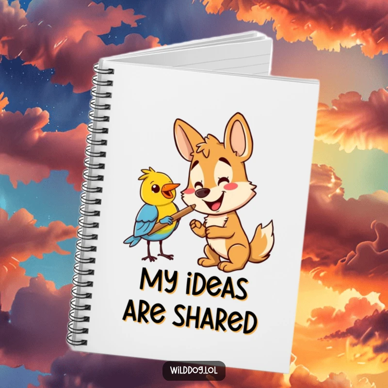 Funny wild dog offering a stick to a bird, inspiring note-takers with this charming funny gift notebook.