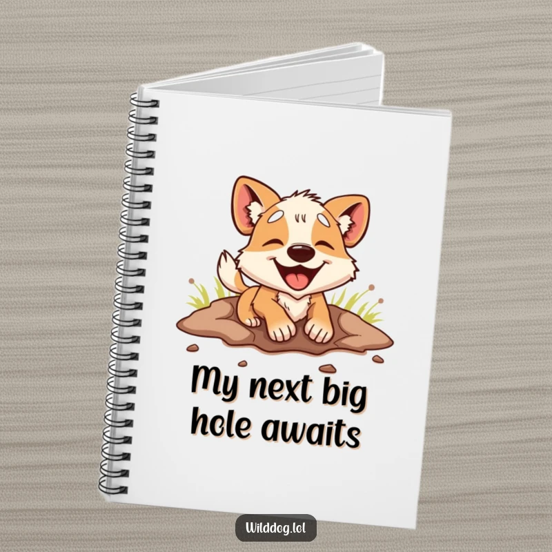 Funny Notebook: A wild dog dives headfirst into digging a hole, its enthusiastic spirit captured for creative note-taking.