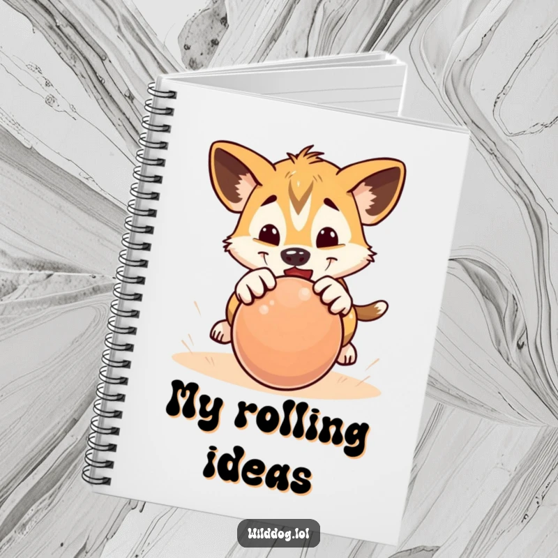 Funny notebook featuring a wild dog puppy playfully pouncing on a rolling ball, ideal for note-taking.