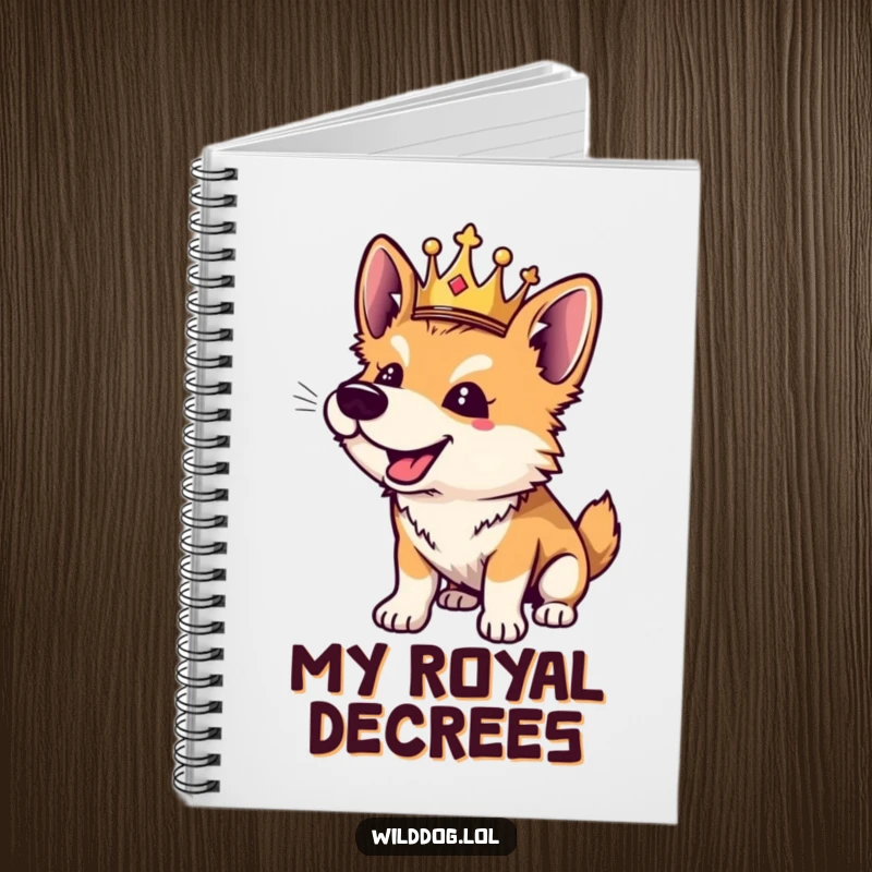 Funny wild dog notebook with a playful crowned dog barking on the cover, inspiring note-taking.