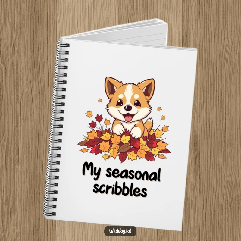 Funny wild dog playfully pouncing into a pile of autumn leaves on a lined notebook, perfect for notes.