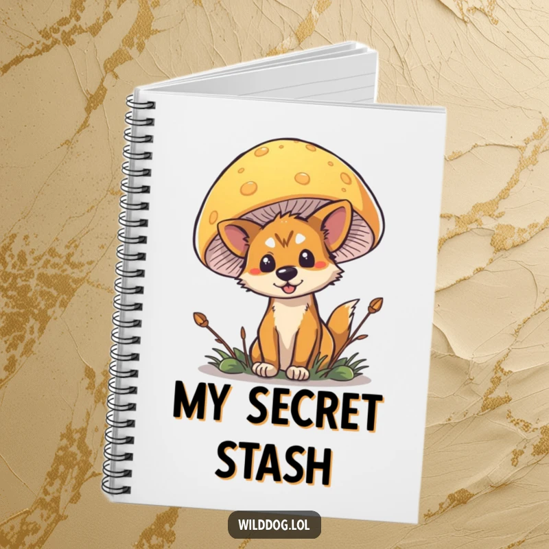 Funny Wild Dog Mushroom Notebook featuring a dog peeking curiously from behind a large, bright mushroom.