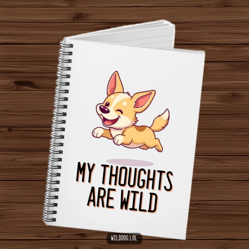 Funny dog notebook cover with a wild dog mid-leap, ears flapping. Inspires creative thoughts and happy ideas.