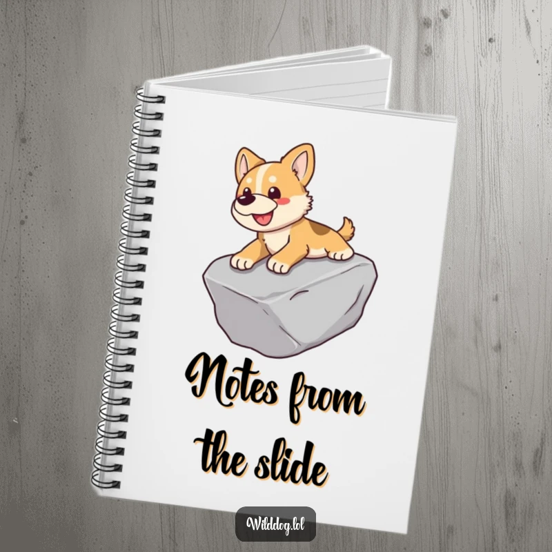 Funny notebook cover featuring a wild dog gleefully sliding down a smooth rock.