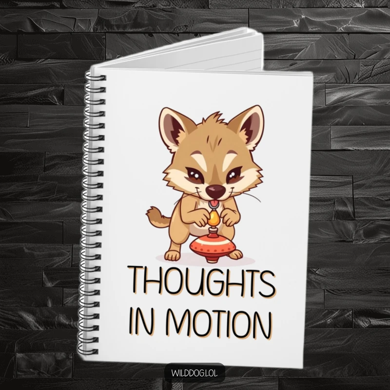 Funny wild dog focused on balancing a tiny spinning top, lined notebook for journaling with a humorous, determined theme.