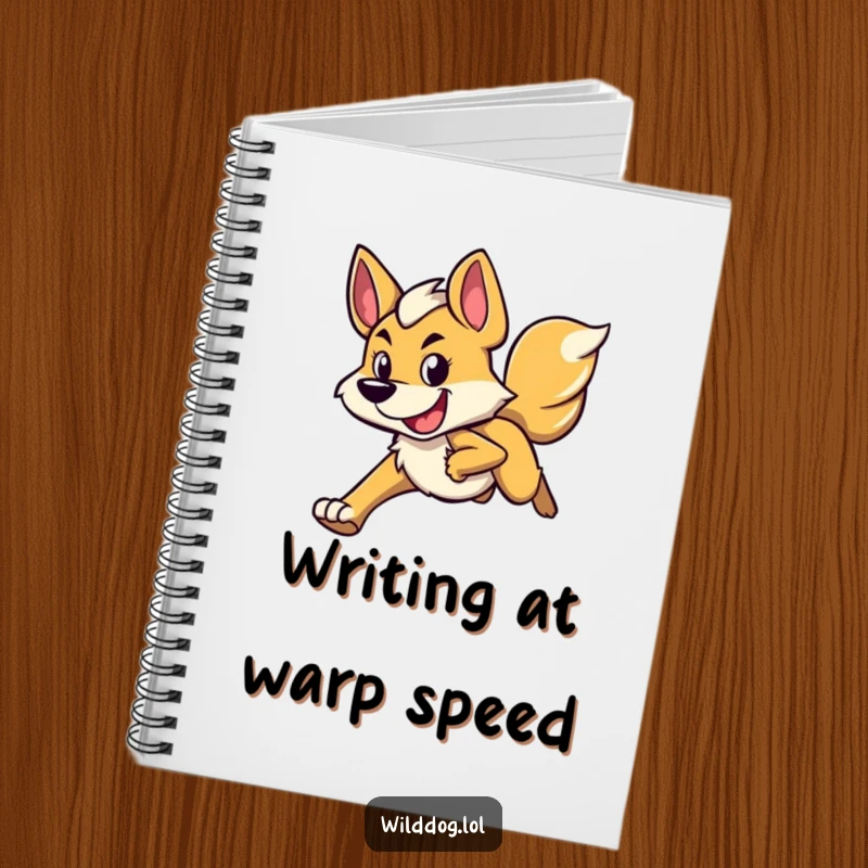 Funny notebook featuring a wild dog character running with a determined yet happy expression, ready to capture all your fast-moving thoughts.