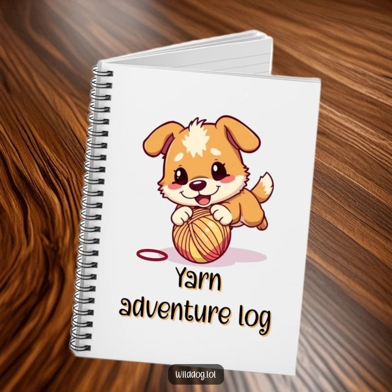 Funny notebook with a wild dog character playfully pouncing on a bouncing ball of yarn, perfect for jotting down energetic thoughts.