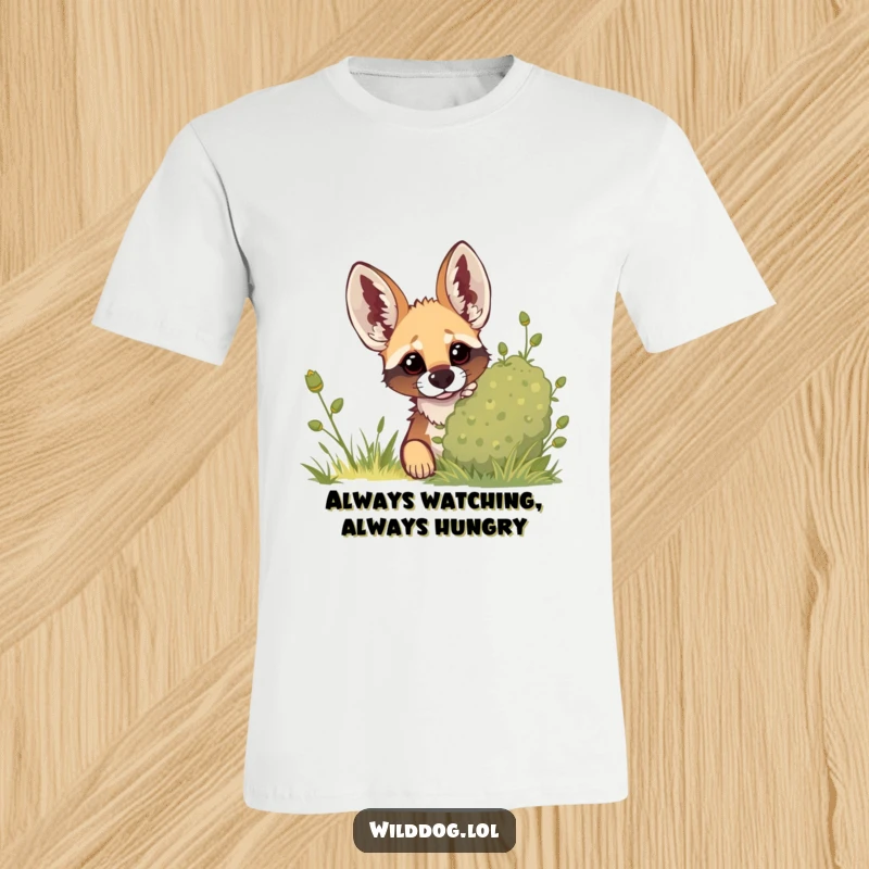 Funny t-shirt design of a wild dog stealthily peeking from behind a leafy bush, with alert, perked-up ears.