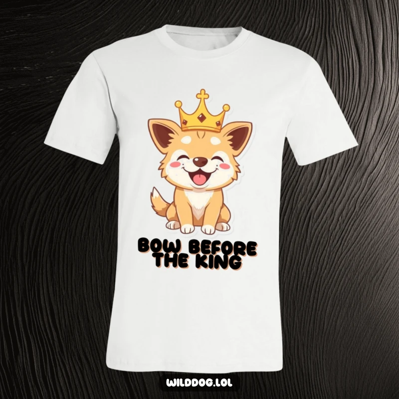 Funny t-shirt depicting a wild dog wearing a small crown, barking playfully, radiating a cheerful and regal attitude.