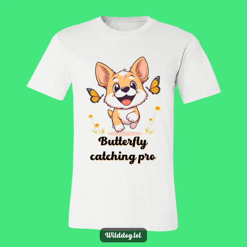 Funny Wild Dog Butterfly T-Shirt: Joyful Chase Design, Hilarious Dog Lover Tee