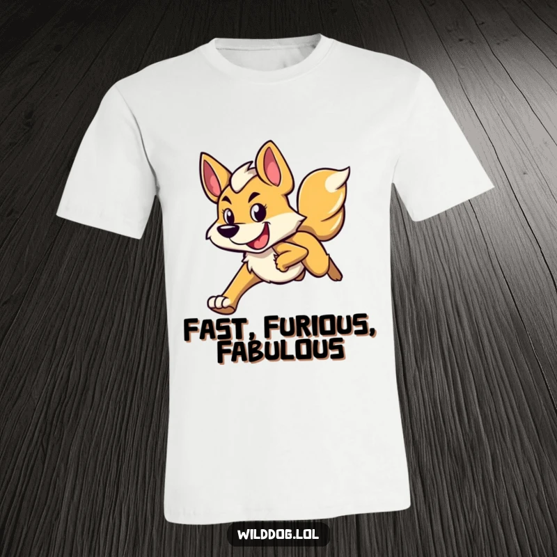 Funny t-shirt showing a wild dog character in mid-run, with a look of happy determination, symbolizing forward momentum and positive energy.