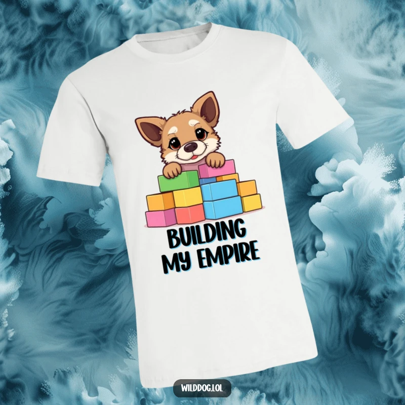 Funny wild dog peeking playfully over a giant, colorful stack of building blocks on a soft t-shirt, showcasing curiosity.