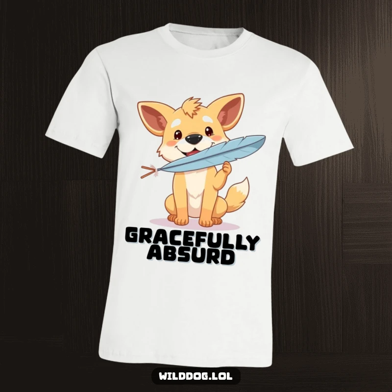 Funny T-shirt graphic of a happy wild dog with a blissful expression, delicately balancing a feather on its nose with utmost concentration.
