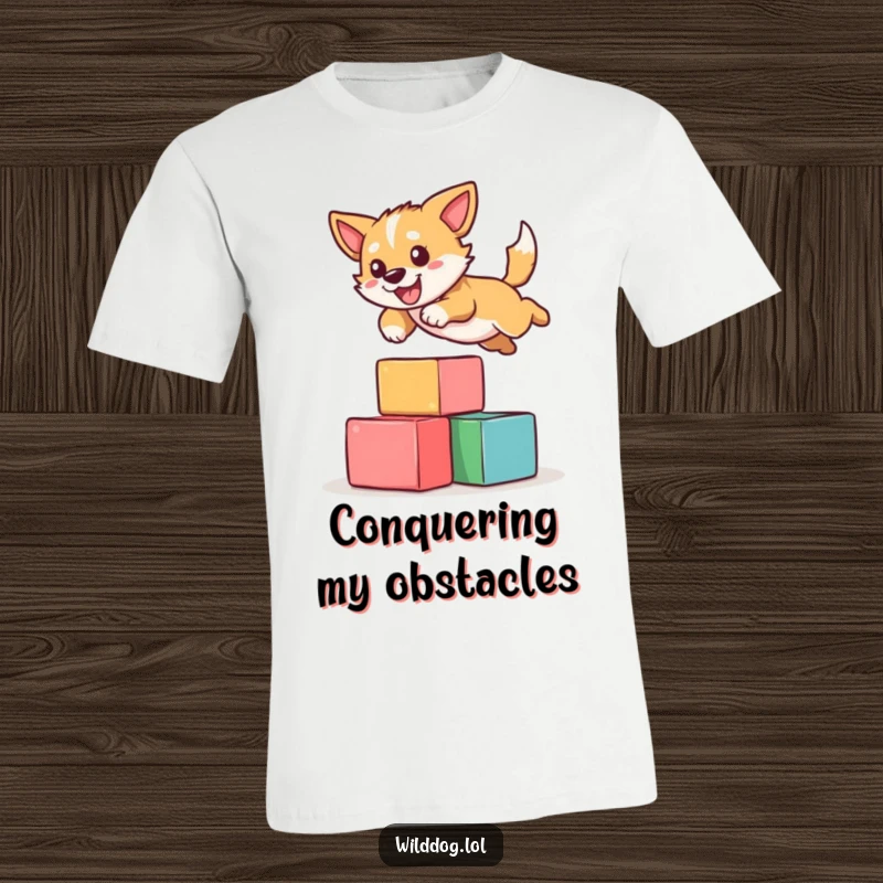 Funny T-shirt graphic of a wild dog in mid-air, energetically leaping over colorful blocks with a look of pure delight and athletic flair.